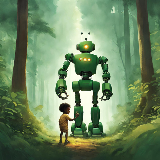 AI generated artwork with robot leading child through forest